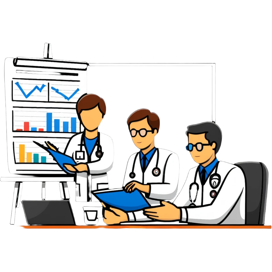 Emergency medical team in a committee meeting with charts and funding documents emoji