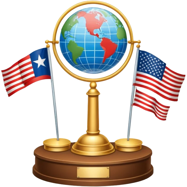 An icon featuring a podium with a speaker, national flags, and voting ballots, symbolizing political science. The design includes a globe and scales of justice in the background, representing governance, global affairs, and political theory. Transparent background emphasizes civic engagement emoji