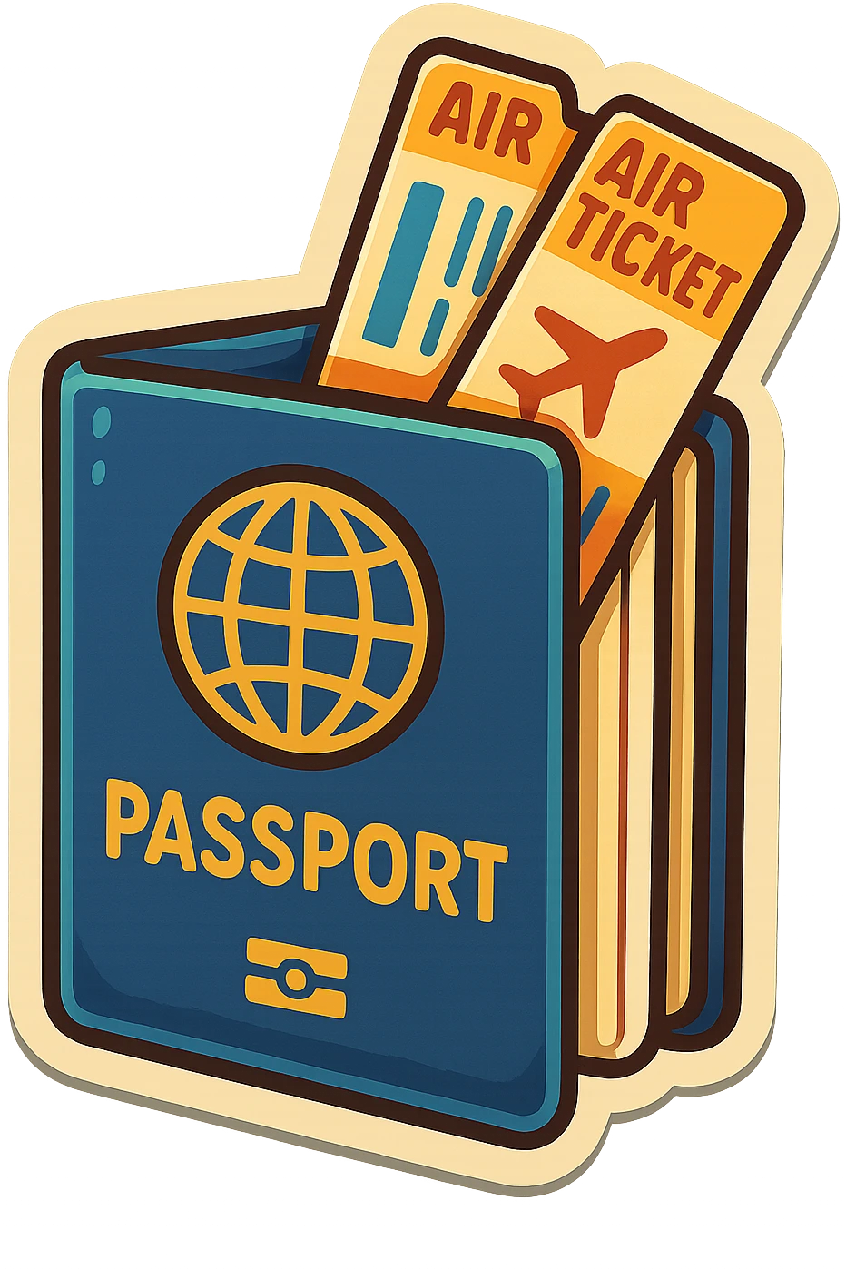 retro sticker-style illustration of an open passport with two airline tickets sticking out, bold outlines, juicy colors, expressive shadows and highlights, playful and glossy look emoji