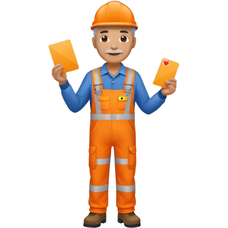 older engineer hi-vis orange overalls full body holding a card emoji