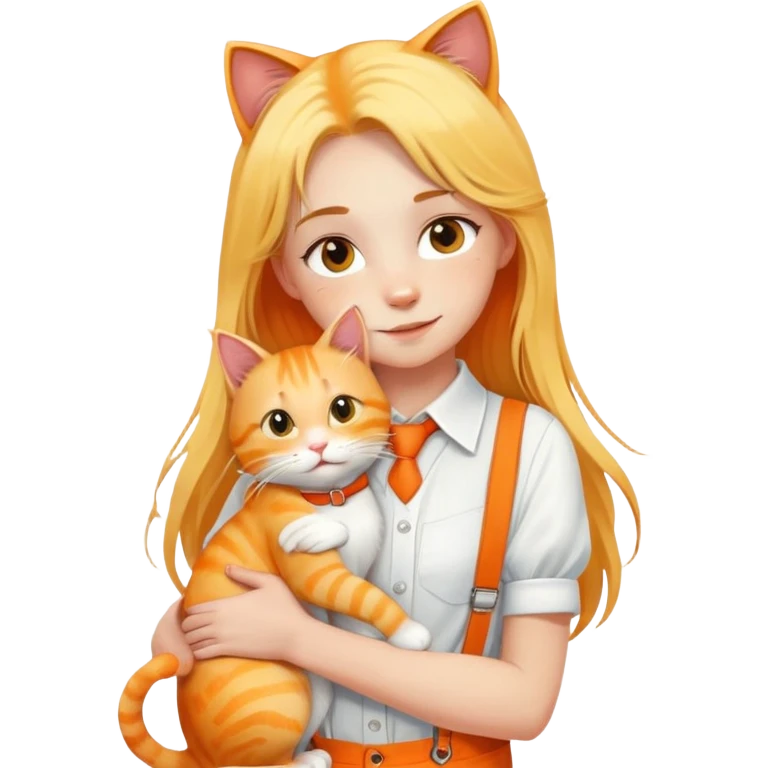 Caucasian girl - long yellow hair - white suspenders - hugging - a orange cat emoji