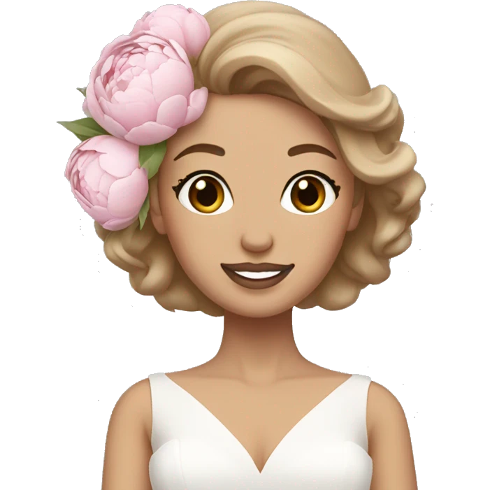 White bride with light brown hair with white and pink peonies bouquet  emoji
