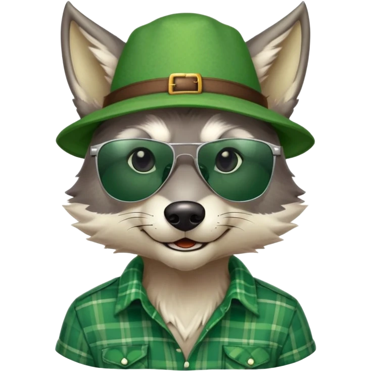 head and shoulders friendly anthropomorphised wolf in green plaid shirt and green attire for St. Patrick's Day, wearing dark sunglasses, upright pose emoji