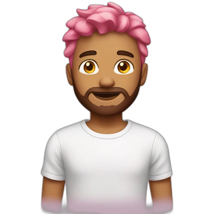 A pink haired boy with a brown beard and a white t-shirt emoji