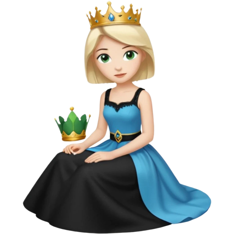 prince,  black Hair, blue eyes, garment,  woman, siiting on prince, white sleveless dress, blonde hair, green eyes, emoji