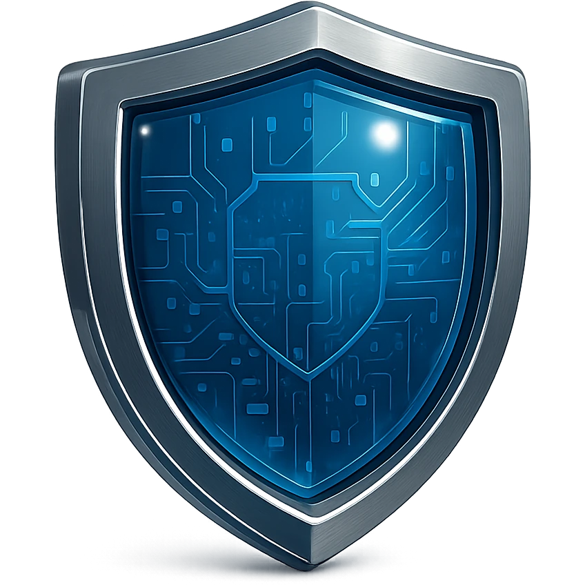Make the blue part glass glossy with a deep rich blue center, keep the shield facing exactly straight forward, simplified design with a metallic border, no point at the top, no symbols, no sword. Maintain the glossy circuit style and transparent background as in the reference. emoji