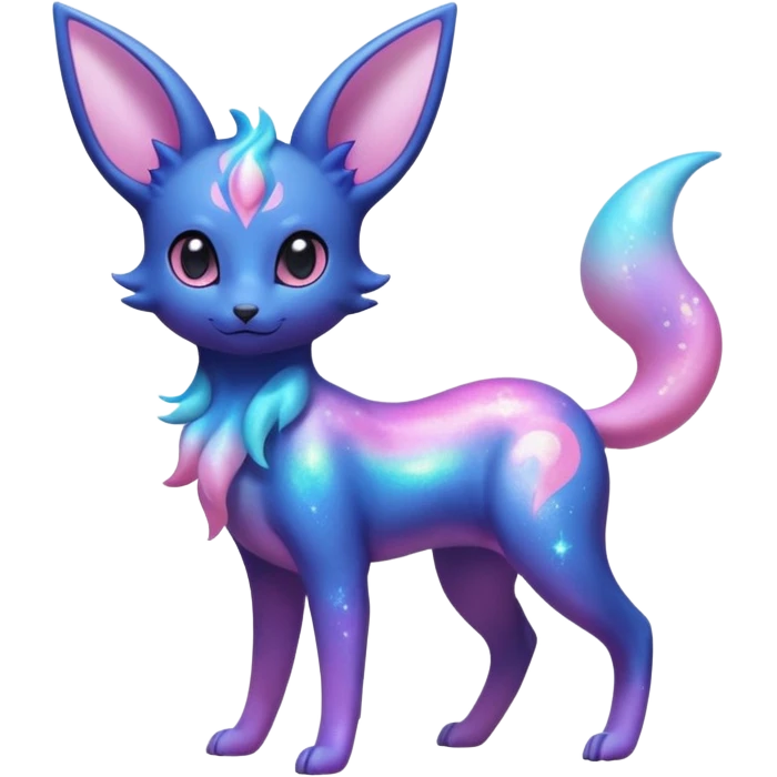 Shiny Iridescent Nebulae Espeon-Umbreon-Sylveon-Fakémon-hybrid-creature (full body)  with a galaxy-dust-flowing-gradient-tail emoji