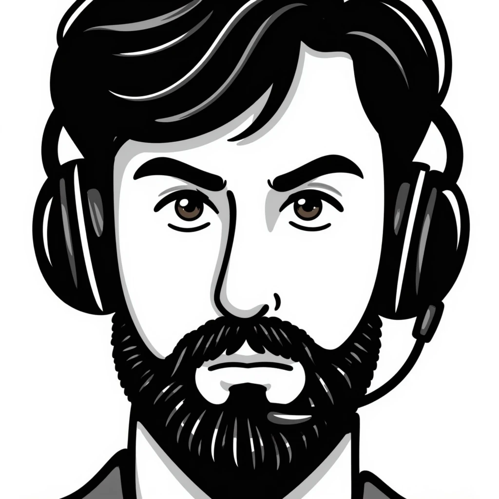 Serious face of a man with black hair, brown eyes, black beard, wearing a gaming headset emoji