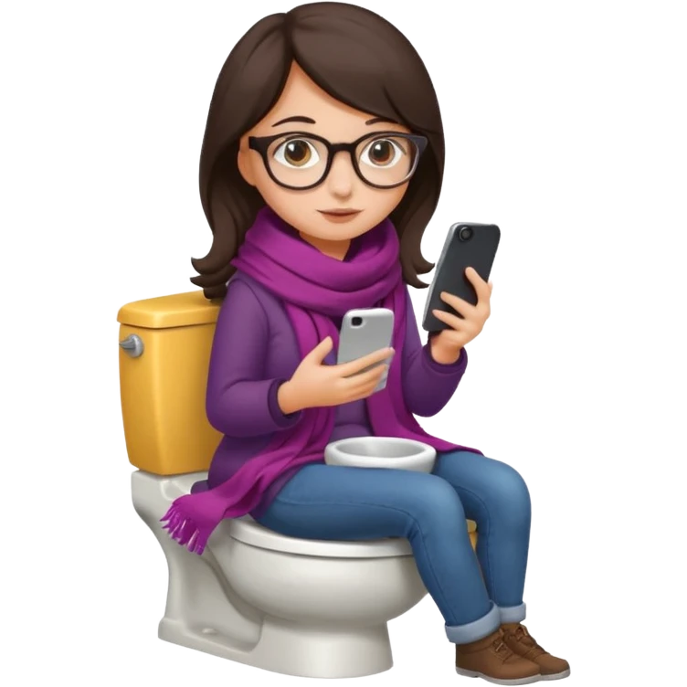 Fille châtain foncé avec lunettes. Elle porte une grosse écharpe. Elle est dans une cuvette de toilette. Téléphone en main emoji