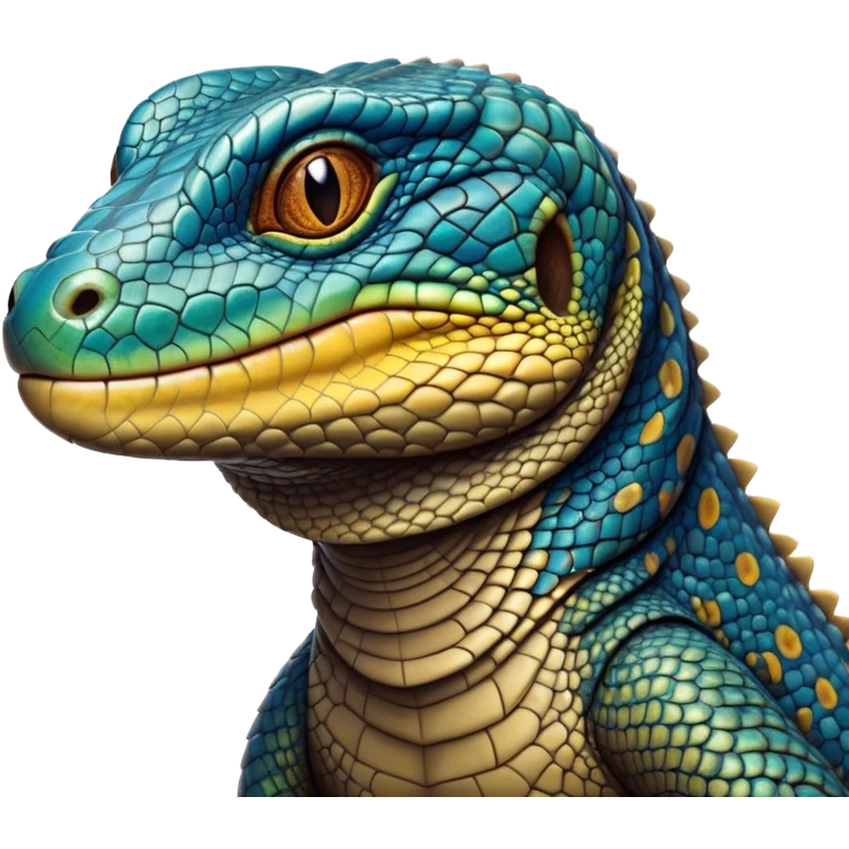Cinematic Noble Monitor Lizard Portrait Emoji, Poised and regal, with a robust, scaled body exhibiting striking, mottled patterns and piercing, alert eyes, Simplified yet sharp and sophisticated features, highly detailed, glowing with a soft, earthy glow, high shine, intelligent and formidable, stylized with an air of ancient wilderness, focused and commanding, soft glowing outline, capturing the essence of a watchful and confident reptilian guardian that appears ready to stride out of the screen with effortless authority! emoji