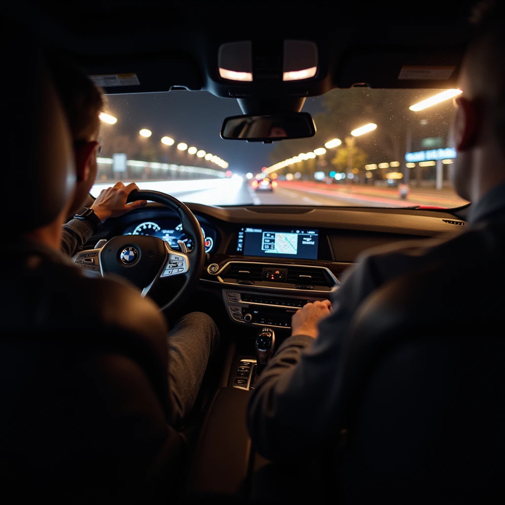 BMW Series 7 2024, inside view from driver’s seat at night, one hand on wheel, motion blur, Bucharest city lights outside, photorealistic emoji