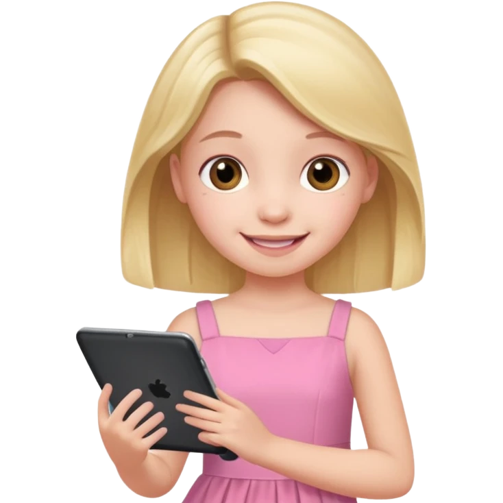kid girl hold a tablet, pink dress emoji