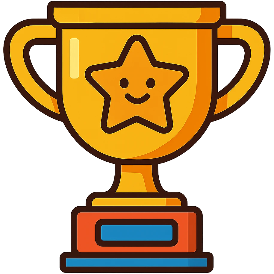 cartoon style trophy with a big star on it, cheerful, bold lines emoji