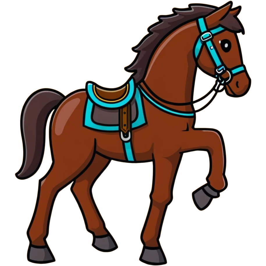 Dark chestnut horse with turquoise western tack full body standing still emoji