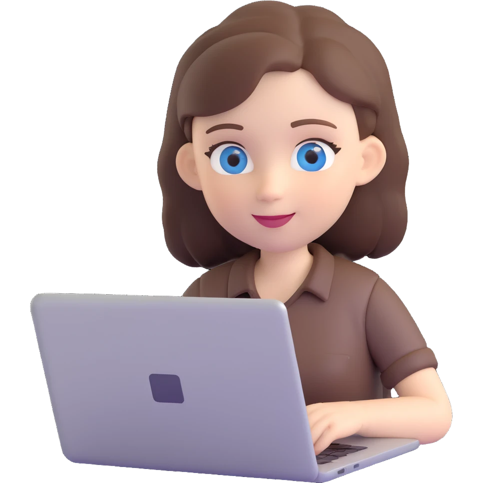 girl with brown hair and blue eyes, working on a laptop, white skin, friendly expression emoji