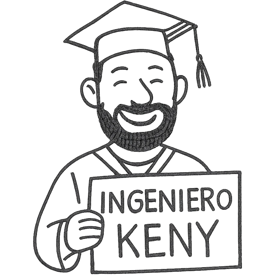 graduado universitario sonriente con barba, sosteniendo un cartel con la palabra INGENIERO KENY, estilo dibujo a mano, detalles divertidos, fondo blanco emoji