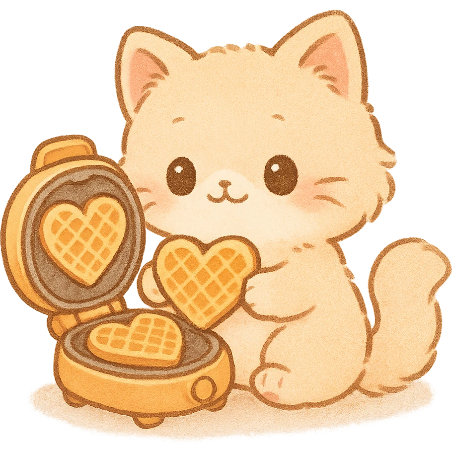 cute chibi soft fluffy waffle maker cat, showing heart-shaped waffles, pastel orange, full-body emoji