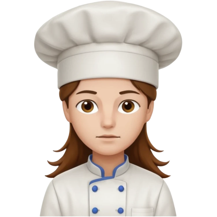 Long brown hair, serious, wearing chef uniform and chef hat emoji
