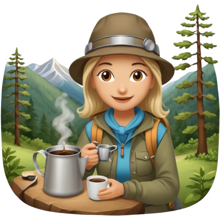 A cheerful female camper brewing coffee in a small metal pot sitting emoji