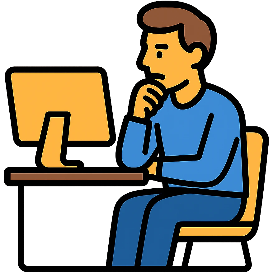 a man sitting at the table with an imac on it, a man sits in a very thoughtful pose emoji