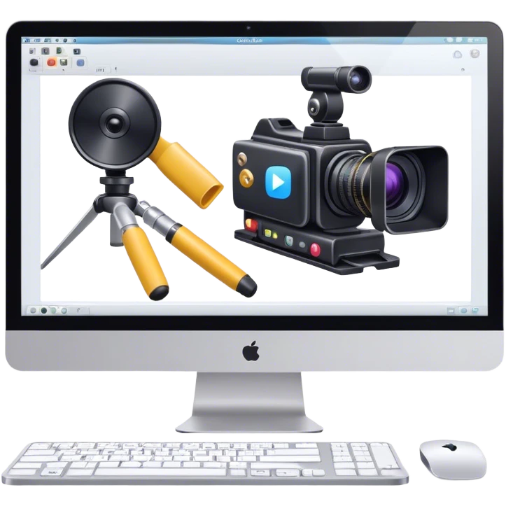 Create an emoji of video editing. Should feature a video editing timeline or interface on a computer screen, showing clips and a playhead. Include a video camera and editing tools. No any smiley faces in emoji. Make the background transparent. emoji