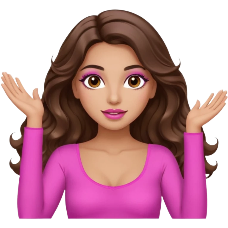 girl with long wavy brown hair, brown eyes, long lashes makeup, sexy pink lips, light to medium complexion, wearing a pink sexy top, both hands in the air high emoji