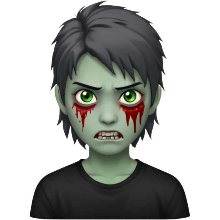 3D emoji-style avatar with grey zombie skin, dark brown hair, a young Asian face, and large green eyes with blood tears. Give it white litle bit messy mullet hair style , silver hoop earrings, and a plain black T-shirt. The face expression should be slightly angry, with vampire fang emoji