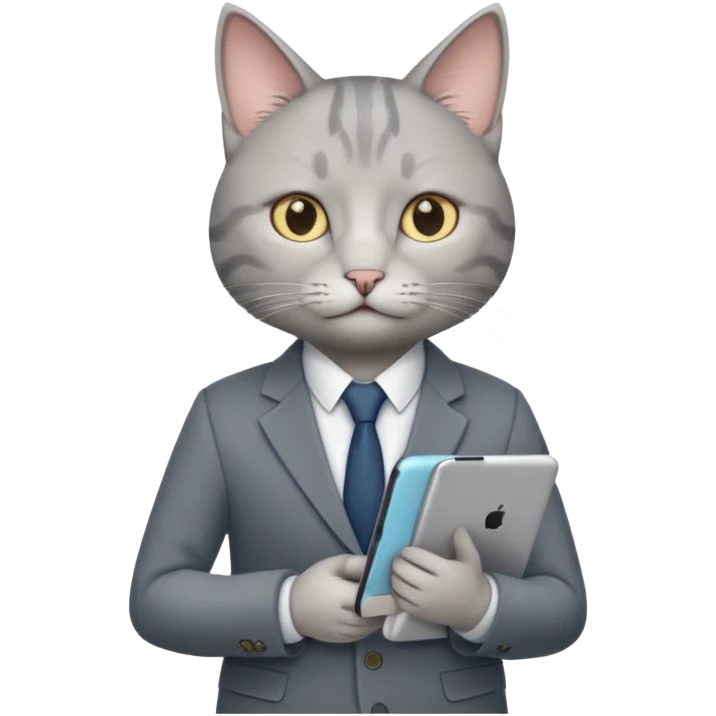 teacher cat tech smart appearance gray cat in blazer with ipad  emoji