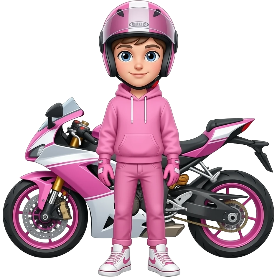 young man with pink jeans and a pink hoodie wearing white pink sneakers and pink gloves, also he wears a pink motorcycle helmet and stands in front of a pink white motorcycle emoji