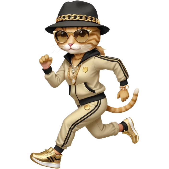 female cat running wearing Run DMC hip-hop outfit, tracksuit, fedora, Adidas shoes, dark sunglasses, lots of gold chains, bling accessories emoji