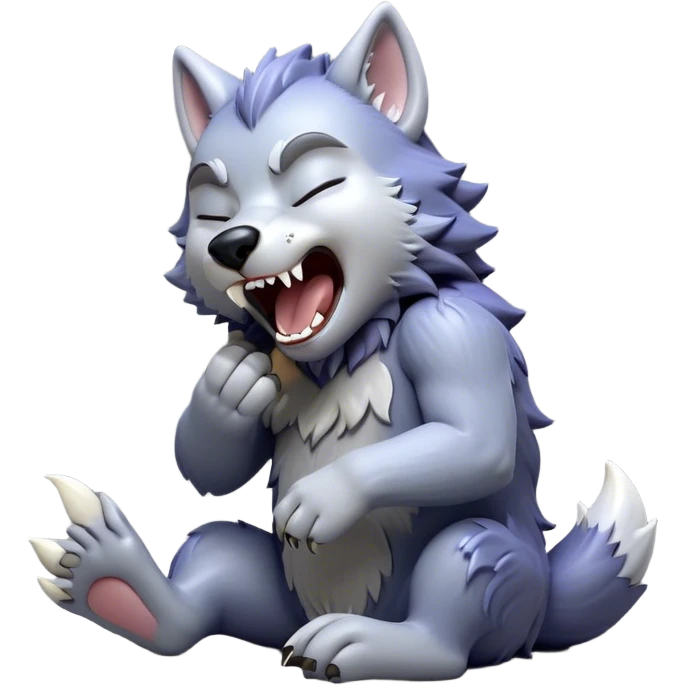 Cinematic Cute Yawning Werewolf Portrait Emoji, with a cuddly, miniature lupine form in soft moonlit grays and silvers, head leaning back in a big, adorable yawn that reveals a few fuzzy teeth, simplified yet irresistibly charming, highly detailed with a soft glowing outline that captures the drowsy, playful essence of a werewolf mid-nap! emoji