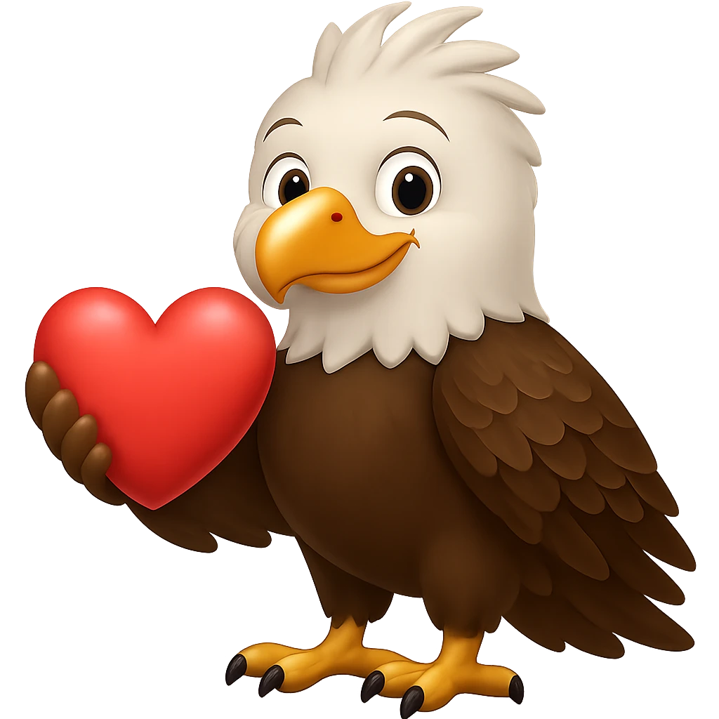 Make the eagle look friendlier while keeping the red heart, preserving the emoji style look. Remove the background. emoji