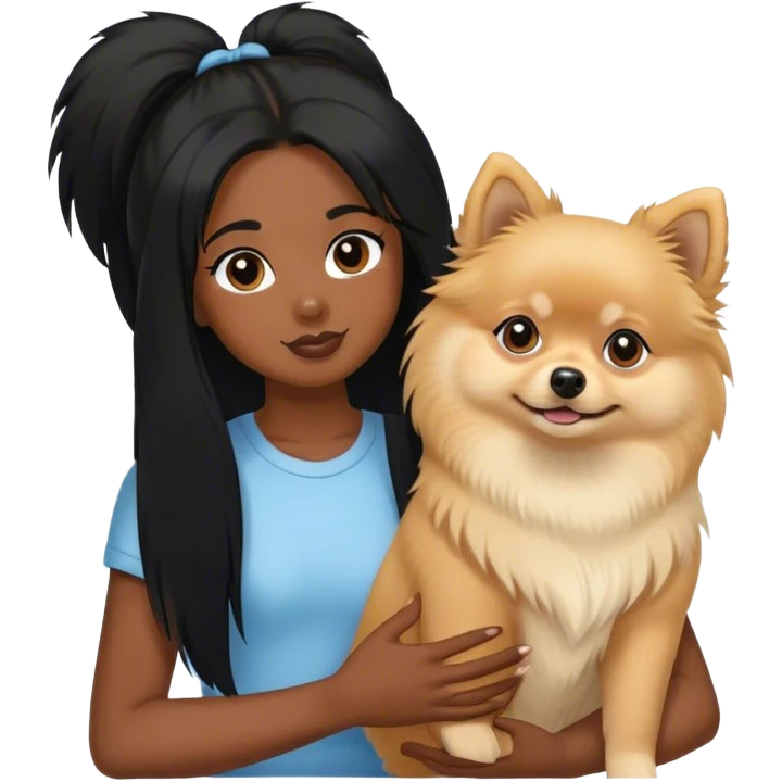 Pomeranian male dog and black girl with long hair holding him  emoji