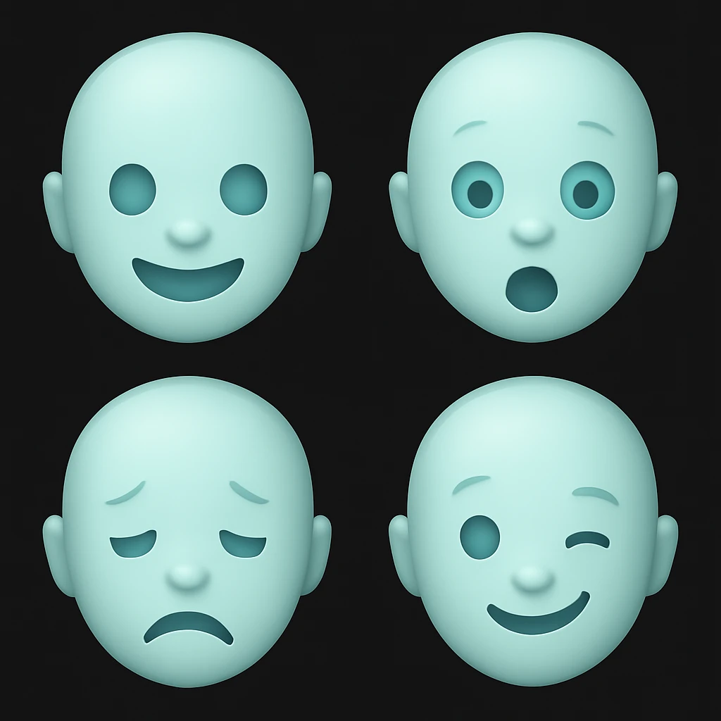 Create four new light blue emoji variants maintaining the emoji style and light blue color, but with different facial expressions. The style should resemble the original emoji style shown in the reference images. emoji