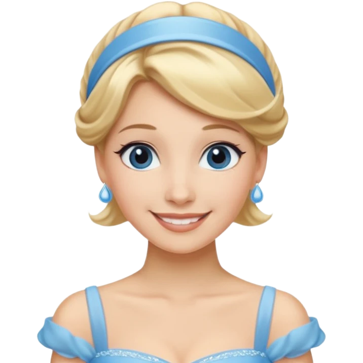 cendrillon on voit juste le buste elle est blonde avec les cheveux releve et un serre tete bleu ciel et elle porte une robe de soirée bleu ciel emoji