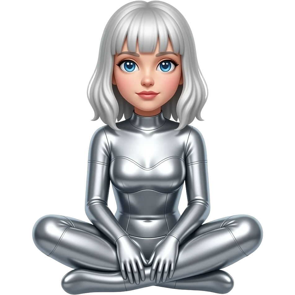 Create an emoji of a seated female figure in metallic silver. The woman is making a face with hearts in her eyes. The background is white. The final result must have maximum resolution, high contrast, and extreme sharpness. Illustration style: Vintage – Art Deco – 2D emoji