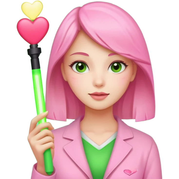 A lovely woman in pink with a square green light stick and with heart emoji