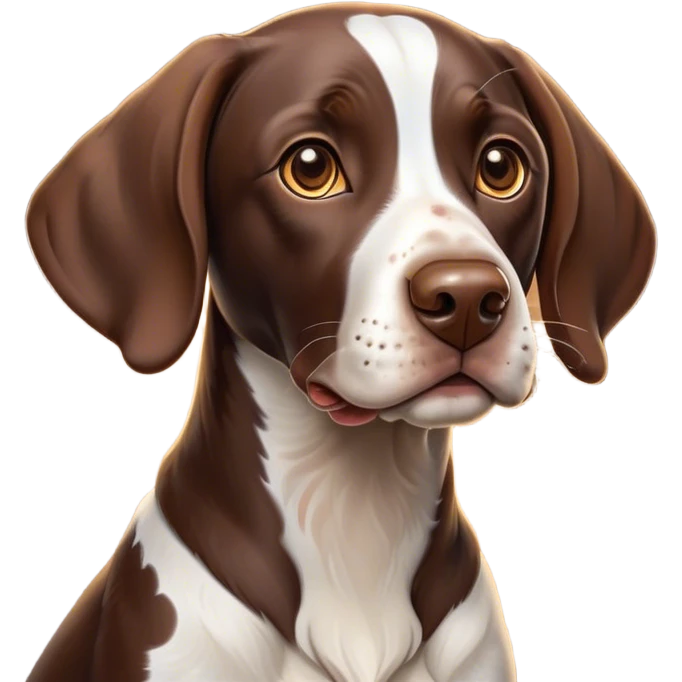 Cinematic Cute German Pointer Portrait Emoji, Playful and charming, soft brown and white tones, Simplified yet expressive features, highly detailed, glowing with a warm, friendly glow, high shine, joyful and loyal, stylized with a touch of whimsy, curious and alert, soft glowing outline, capturing the essence of a playful pup ready for adventure, so endearing it feels like it could jump out of the screen and wag its tail! emoji