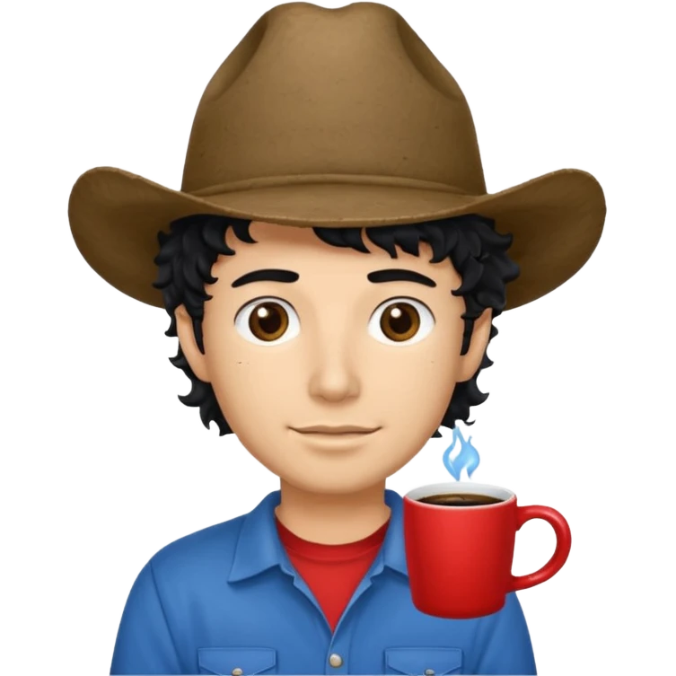 Ranch hand with blue hat and coffee mug, curly black hair, red shirt emoji