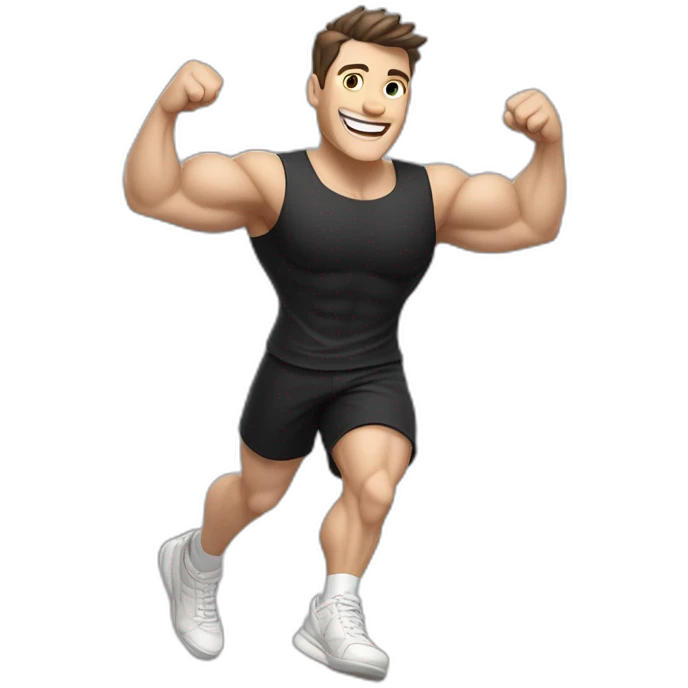 Joyful Celebrating victory Pale skinned Fit Man With the biceps and dark brown hair in black shirt, gray sports shorts and white Sneakers emoji