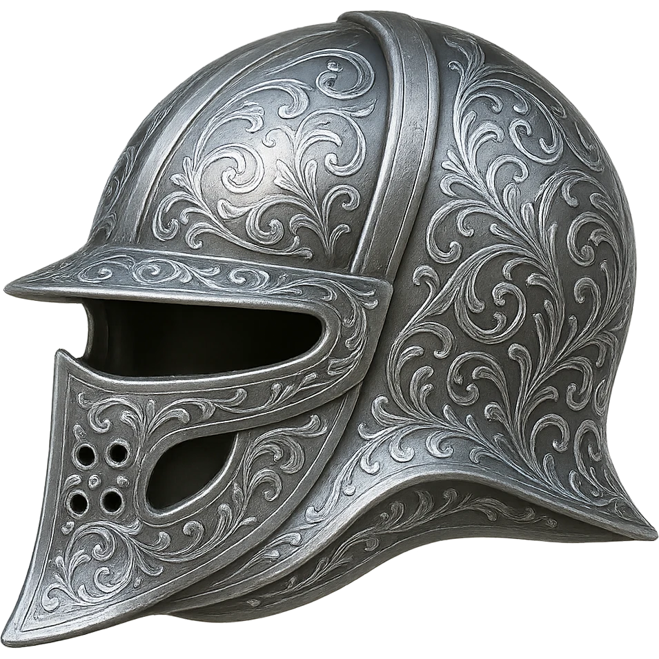 Engrave this steel helmet with elegant silver engravings, keeping it crisp, shiny, and slightly fancier than iron. Realistic metallic steel style, emoji style, transparent background. emoji