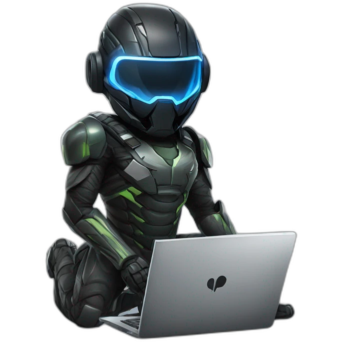 Boy developer behind his laptop with this style : Crytek Crysis Video game with nanosuit character hacker themed character emoji