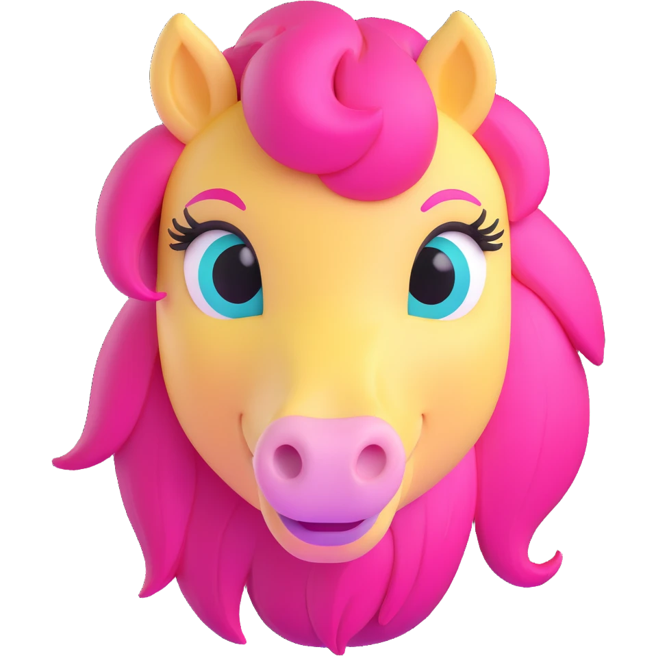 close-up face of pastel yellow pony with pink mane, big teal eyes, shy smile emoji