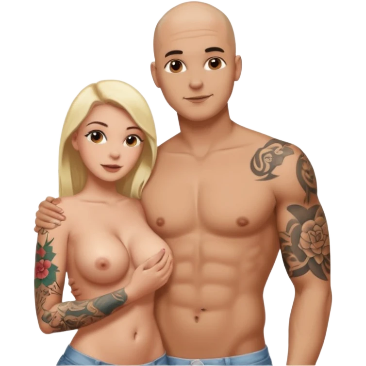 throuple tattooed sleeves bbald male with topless naked big boobed brunette and topless naked big boobed blonde girlfriends  lovingl  and sexy polygamy hott emoji