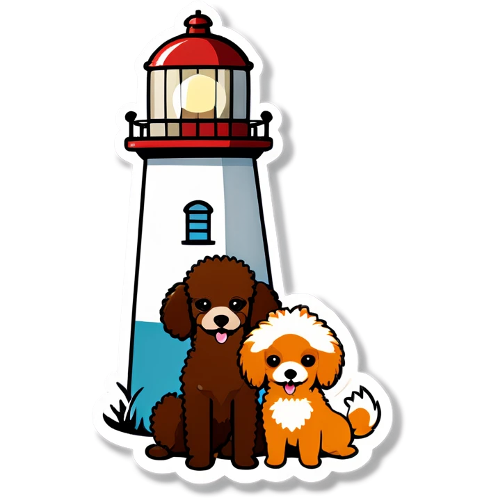 Lighthouse with one brown poodle and one Pomeranian emoji