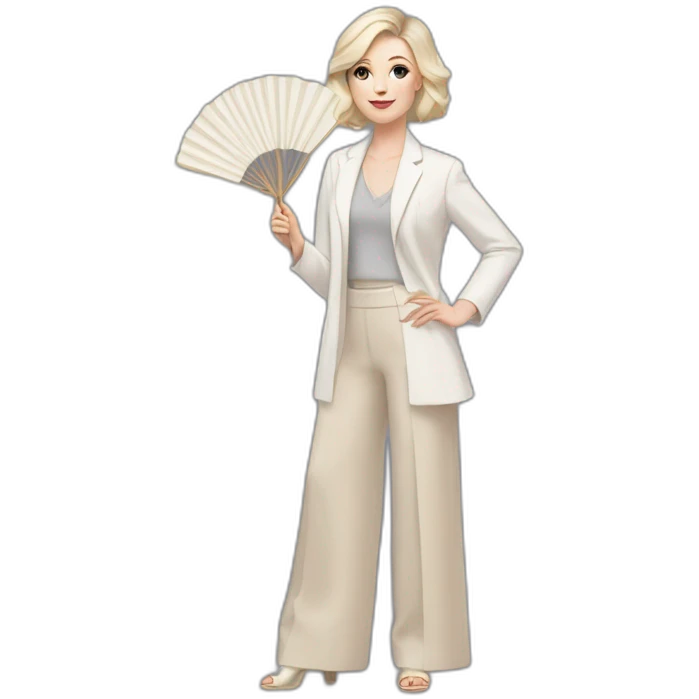 pale skin woman with ash blonde Straightened bob Hair, White Spacious classical jacket, beige palazzo Arrow pants and gray blouse holding a fan from color palettes in the hands emoji