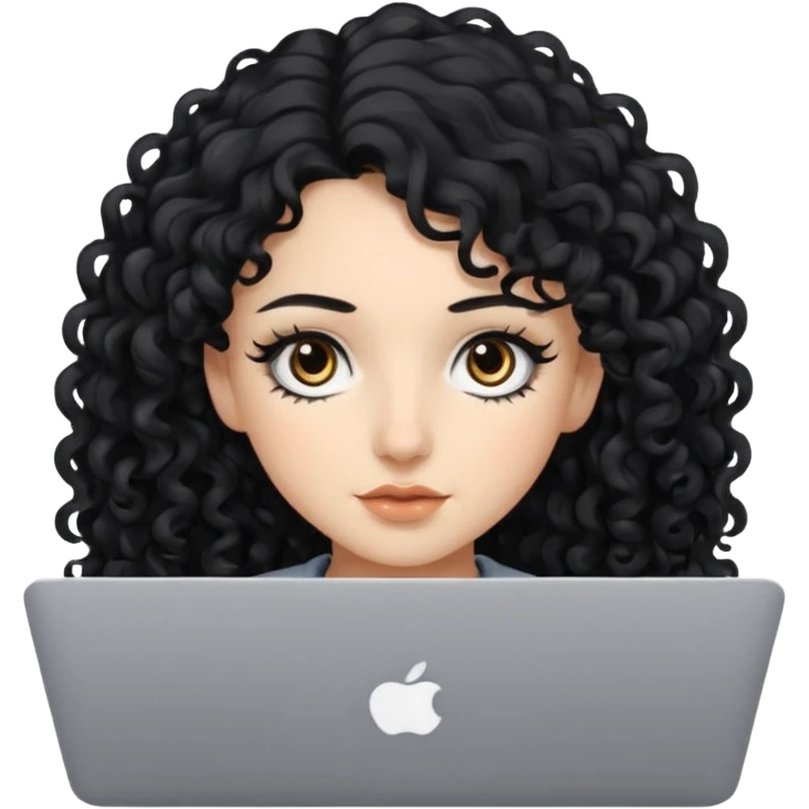 a girl using the mac book air with long black curly hair and brown eyes with winged black eyeliner emoji