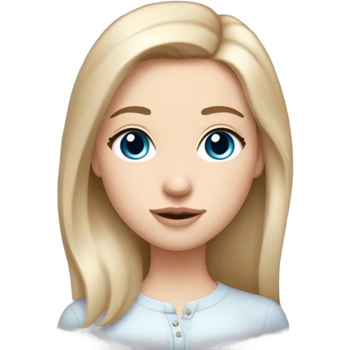 Girl with dirty blonde, straight hair medium length past shoulders , blue/grey eyes with semi long lashes, pale but not albino, freckles mostly on and around the nose, button nose, not thick but not thin lips with a small cupids bow shape, facing front on with shoulders and up wearing a light pink coquette emoji
 emoji