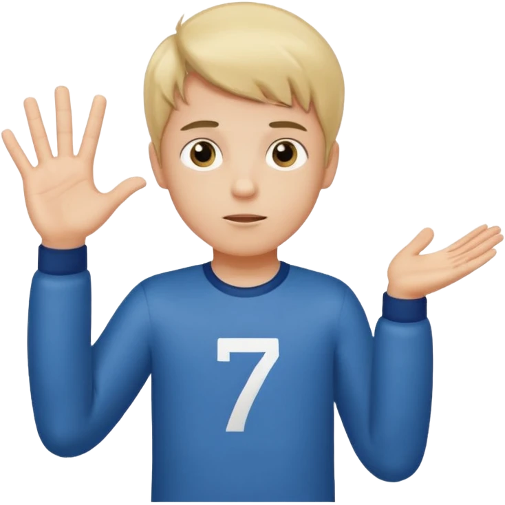 A boy shrugging with the number 6 over one hand and the number 7 over the other  emoji