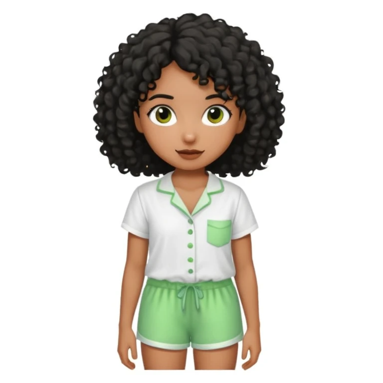 Menina morena do cabelo encaracolados pretos e um pijama de blusa branca e short molinho verde emoji
